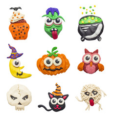 A big set of colorful clay handmade elements for Halloween.