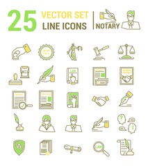 Vector set of icons in a linear design. Notary and notary office. Set of elements of legal Affairs, certification of papers, certificates, contracts, documents. Template for website, app, stamp.