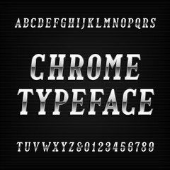 Chrome alphabet font. Metal effect italic letters and numbers on a dark background. Vector typeface for your design.