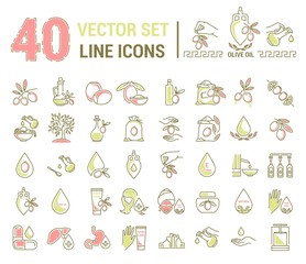 Set vector icons graphic thin outline in a linear design. Element emblem symbols of olive oil and oil cosmetics.Organic product. natural care of skin, hands, face. the concept of healthy eating.