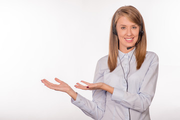 Portrait of happy smiling cheerful young support phone operator