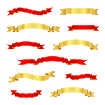 Red and gold ribbon banners. Vintage scrolls. Vector illustration.