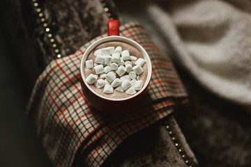 Cocoa in a red cup with marshmallow on a plaid sofa towel on top view