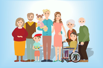 Big family together vector illustration of a flat design. Set of big happy family character, Mom and Dad, grandparents, parents and children, brother and sister.
