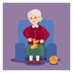 Grandma sits in an armchair and knits. Grandmother cartoon character. Elderly woman knits. Vector flat cartoon illustration.
