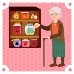 Grandmother saves money in bank for jam. Grandma enjoy her retired money for grandchildren. Elderly woman in vector flat cartoon illustration.