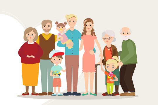 Big happy family portrait parents with disabled child. Father, mother, kids, grandpa, grandma. Several generations. Vector illustration