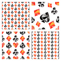 Set of vector seamless patterns with icons of playing cards. Polygonal design. Geometric triangular origami style, graphic illustration. Series of Gaming and Gambling Seamless vector Patterns.