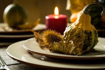 Fototapeta na wymiar Thanksgiving table setting with decorations