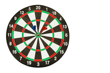 dartboard with red and blue darts isolated on white background w