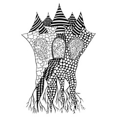 Magic castle with roots. Vector illustration. Doodle. Zentangle.