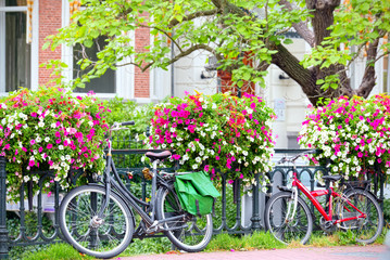 Fototapeta na wymiar Bicycle leaning on railing of flowers in Amsterdam