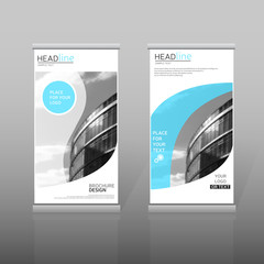 Blue roll up, brochure template. Vertical banner design.