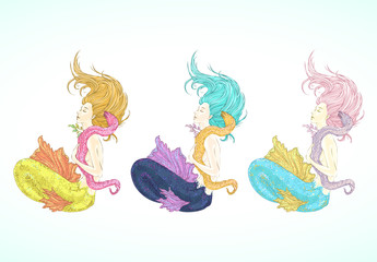 Colorful Sketched mermaids set, watercolor character design. Hand drawn singing cute mermaid, beautiful collection for t-shirt print. Vector illustration.