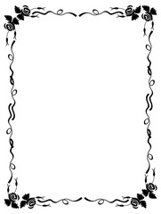 Black and white vertical frame with stylized roses silhouettes. Vector clip art.