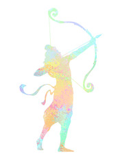 Happy Dussehra celebration card for Indian Festival. Lord Rama taking aim with bow and arrow, killing Ravana. Holyday watercolor background. Hand drawn Vector illustration.