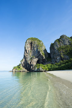 Scenic morning view of Phranang Beach at Railay Krabi Thailand with rippling shallow waters before the tourist hordes arrive