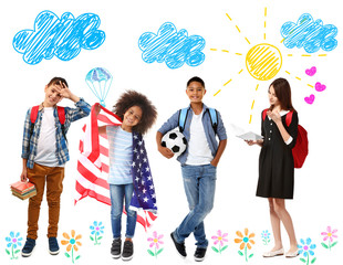 Group of cute children with drawings on background. School concept.