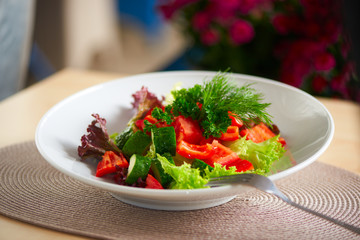 Fresh salad with cucumber, tomato and pepper