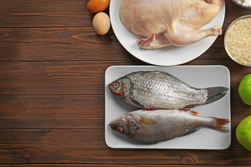 Food high in protein on wooden background
