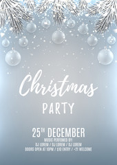 Fototapeta na wymiar Christmas party flyer template. Elegant vector illustration with glass toys. Beautiful background with silver confetti and shining lights. Design of invitation to night club.