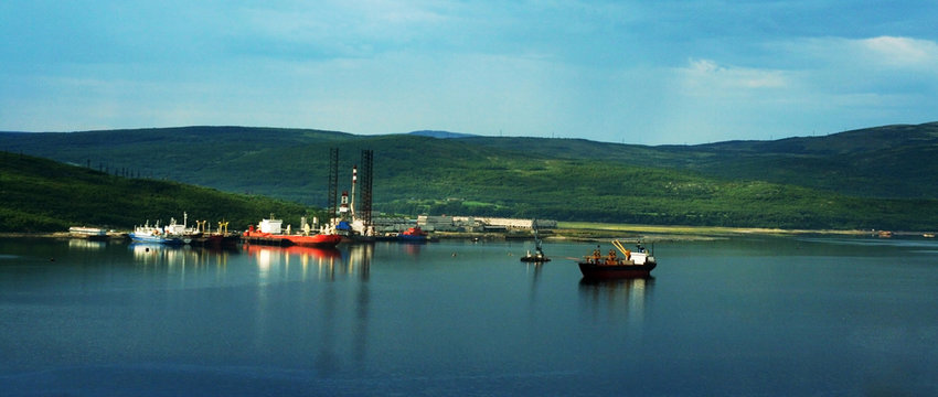 Severomorsk sea port, northern harbor panorama