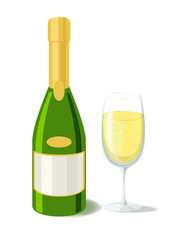 Alcohol. Champagne bottle  with filled glass. Vector illustration