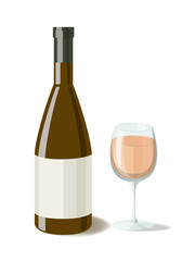 Alcohol. Bottle of pink wine with a glass of wine. Vector illustration