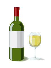 Alcohol. Bottle of white wine with a glass of wine. Vector illusration