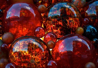 Red decoration, red glass, Christmas decor, red glass bubbles, fragment, Christmas abstract, colorful background, Christmas time, winter, decor, New Year, winter decoration, red background, horizontal