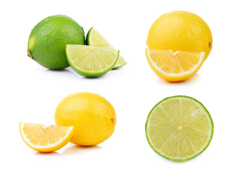 yellow and green lemon slices on white background