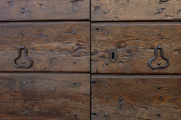 part of wooden door with doorhandle and keyhole