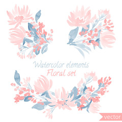 Fototapeta na wymiar A set of watercolor flowers and leaf. Vector collection with leaves and flowers, hand drawing. Can be used for design for invitation, wedding or greeting cards