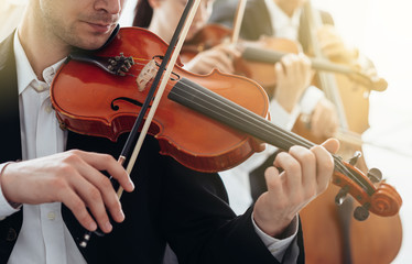 Orchestra string section performing