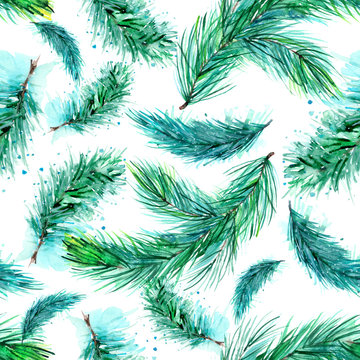 Watercolor, vintage, seamless, pattern with a pattern of branches - pine, fir, cedar, tree