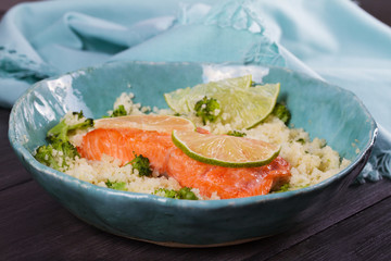 Salmon with Cous Cous, Broccoli and Lime