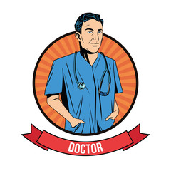 Doctor cartoon with uniform inside circle with ribbon icon. Medical care pop art comic and retro theme. Colorful design. Vector illustration
