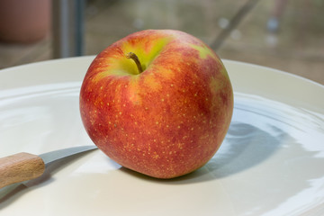 Apple time – an apple and a knife on the white plate