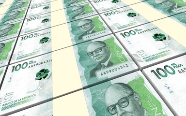 Colombian pesos bills stacks background. 3D illustration.