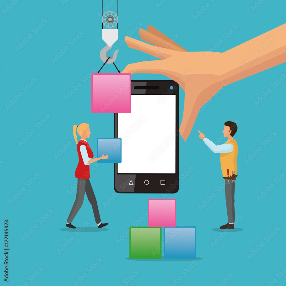 Wall mural avatars cubes and smartphone icon. app development and programming theme. colorful design. vector il