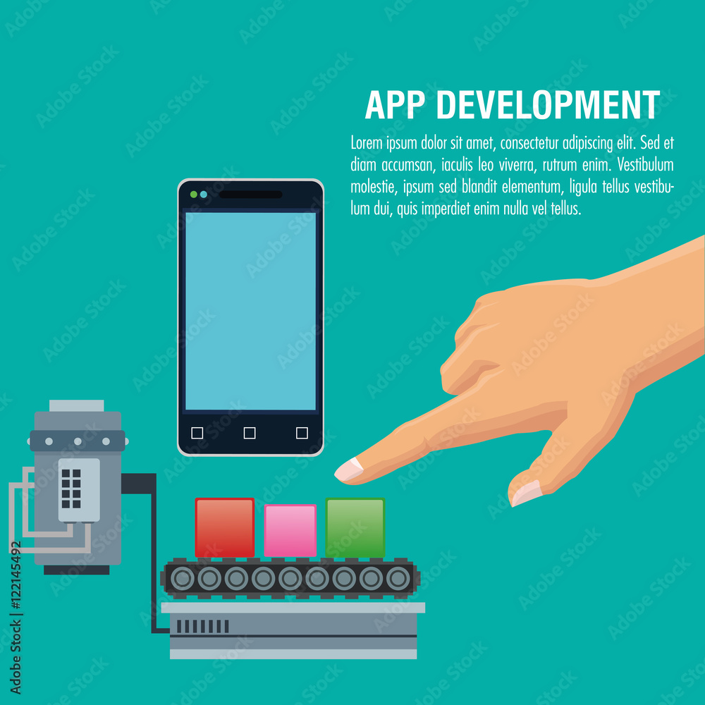 Wall mural human hand cubes and smartphone icon. app development and programming theme. colorful design. vector