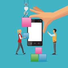 Avatars cubes and smartphone icon. App development and programming theme. Colorful design. Vector illustration