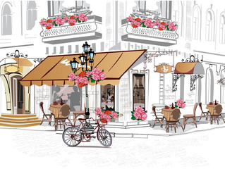 Reeks achtergronden versierd met bloemen, uitzicht op de oude stad en straatcafés.