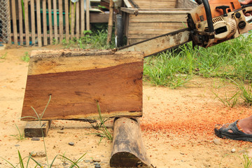 Man sawing wood chainsaw