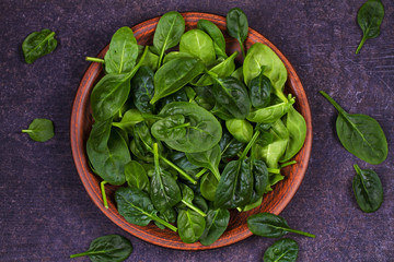 Green fresh baby spinach in rustic plate on dark wooden background. View from above, top studio shot