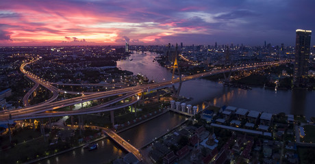 aerial view of bhumibol bridge important landmark of bangkok tha