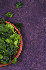Green fresh baby spinach in rustic plate on dark wooden background. View from above, top studio shot