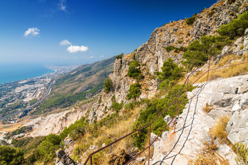 Sunny view of Costa del Sol from the top of Calamorro mountain, Benalmadena, Andalusia province, Spain.