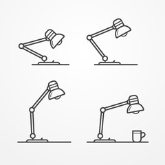 Collection of flexible table lamps in different positions. Minimalistic flat line style. Indoor vector stock illustration.