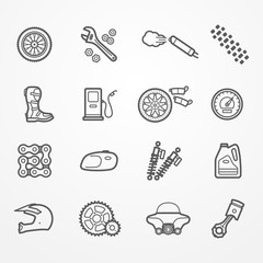 Collection of motorcycle parts icons in line style. Spare parts, tools and rider gear. Motorcycle store or service vector stock image. - 122147878